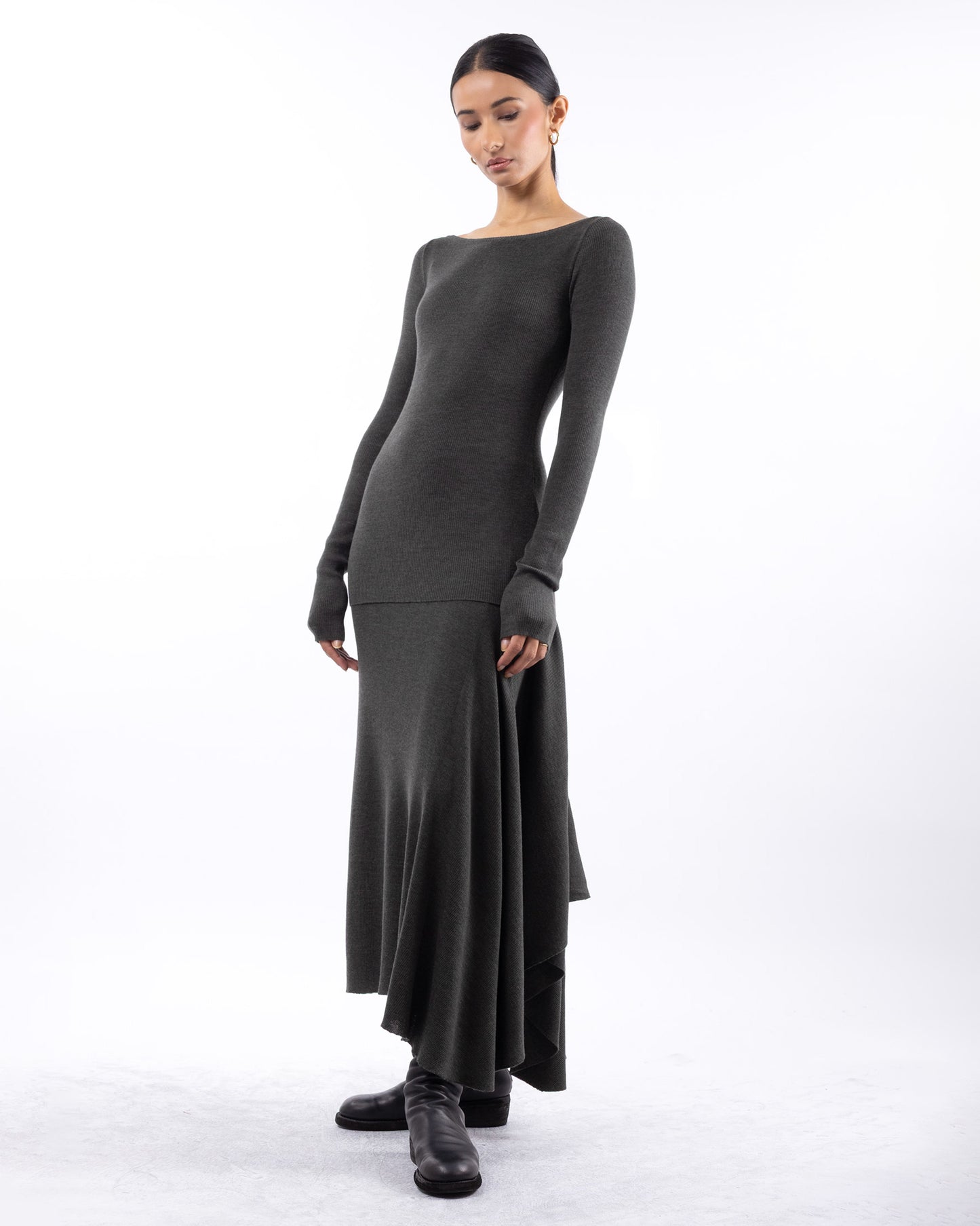 #1001 Long sleeve bateau top brown green 120's superfine merino