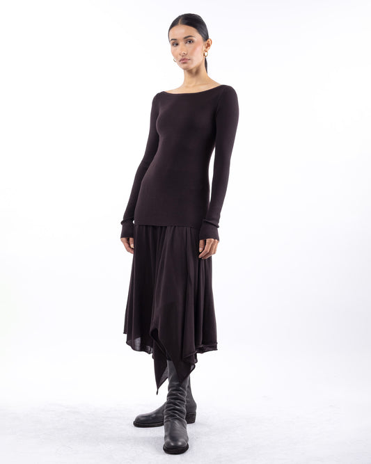 #1025 Handkerchief skirt espresso 120's superfine merino