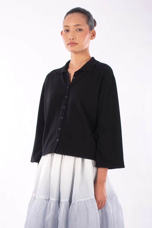#1219 Boxy Shirt Collar Cardigan In Organic Cotton- Black — Lars Andersson, view 2