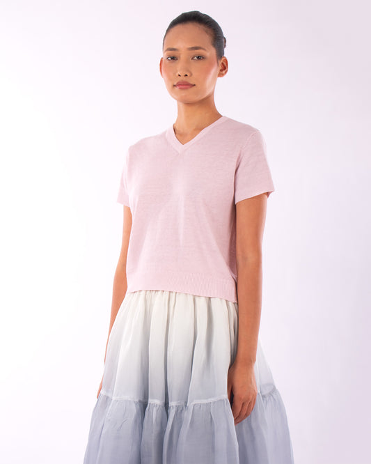 #1230 Cropped short sleeve v-neck sweater in linen and organic cotton