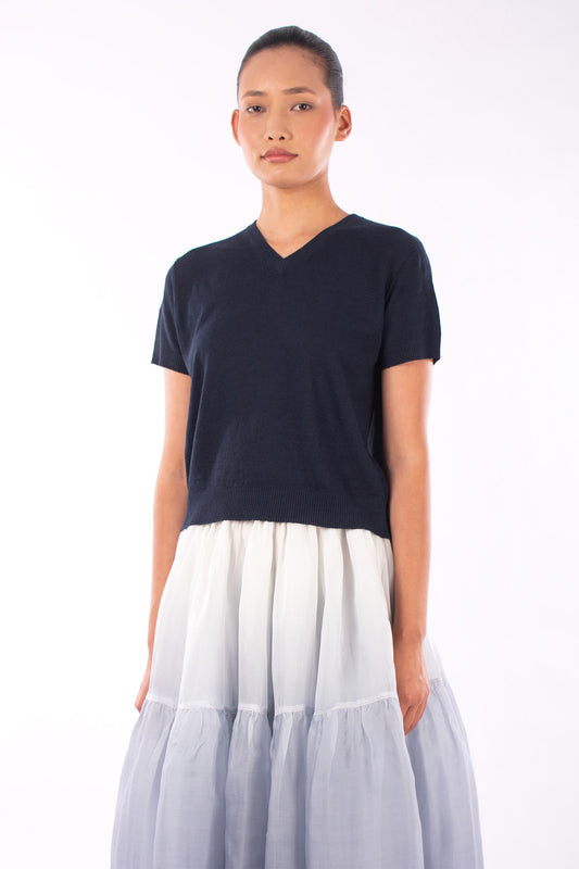#1230 Cropped Short Sleeve V-neck Sweater In Linen And Organic Cotton- Marritimo — Lars Andersson, view 2