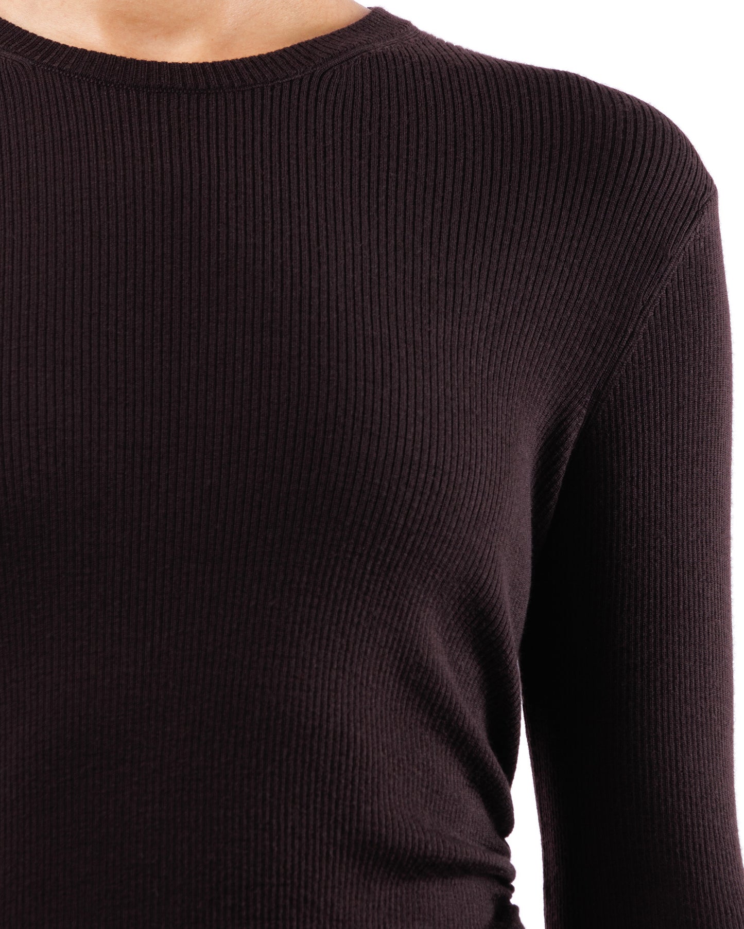 #1014 Long sleeve crewneck with gathered side 120's superfine merino