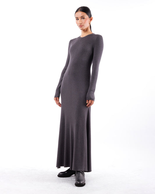 #672 Long sleeve flared crewneck dress organic cotton