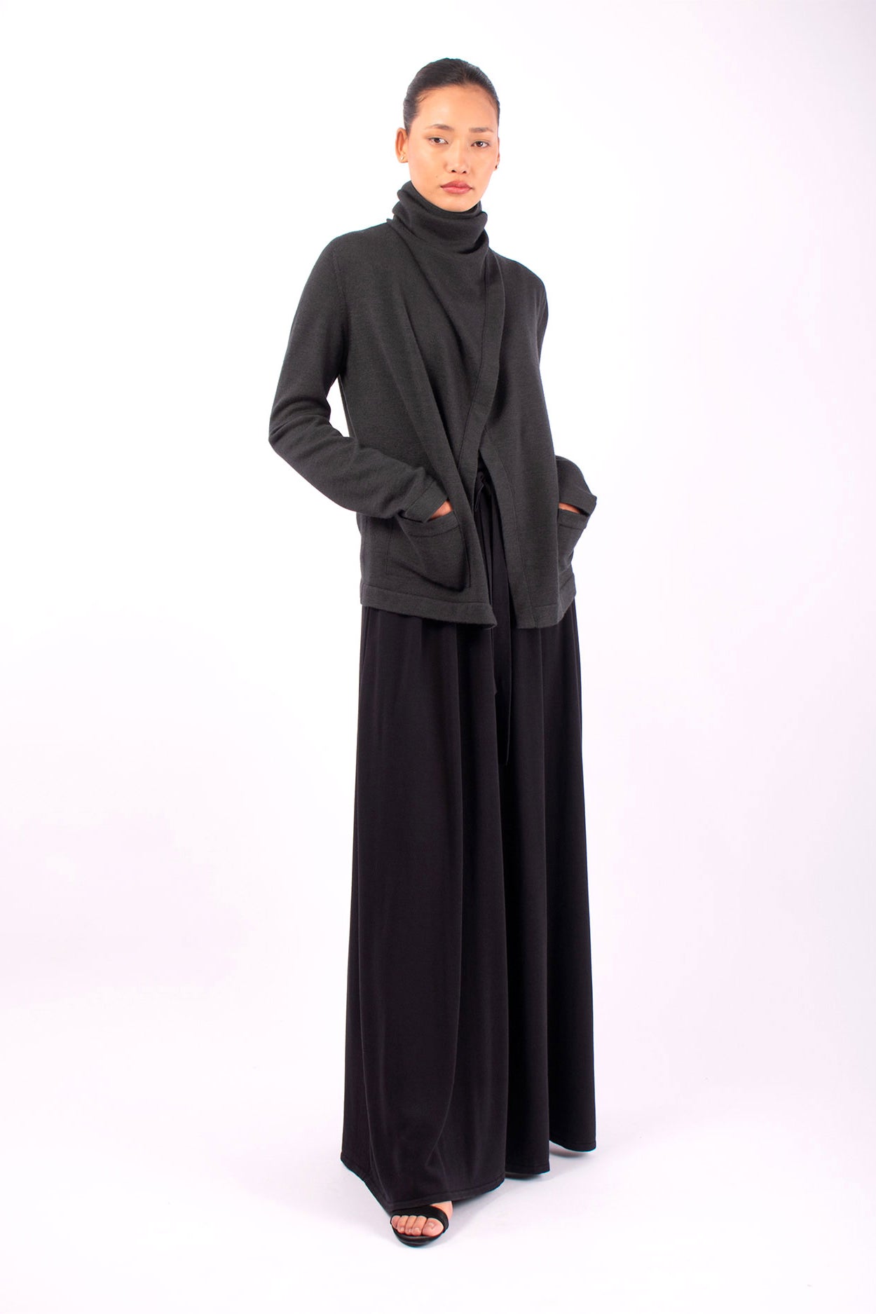 #1448 Draped Collar Cardigan in Superfine Merino and Cashmere- Dark Brown Green — Lars Andersson, view 5
