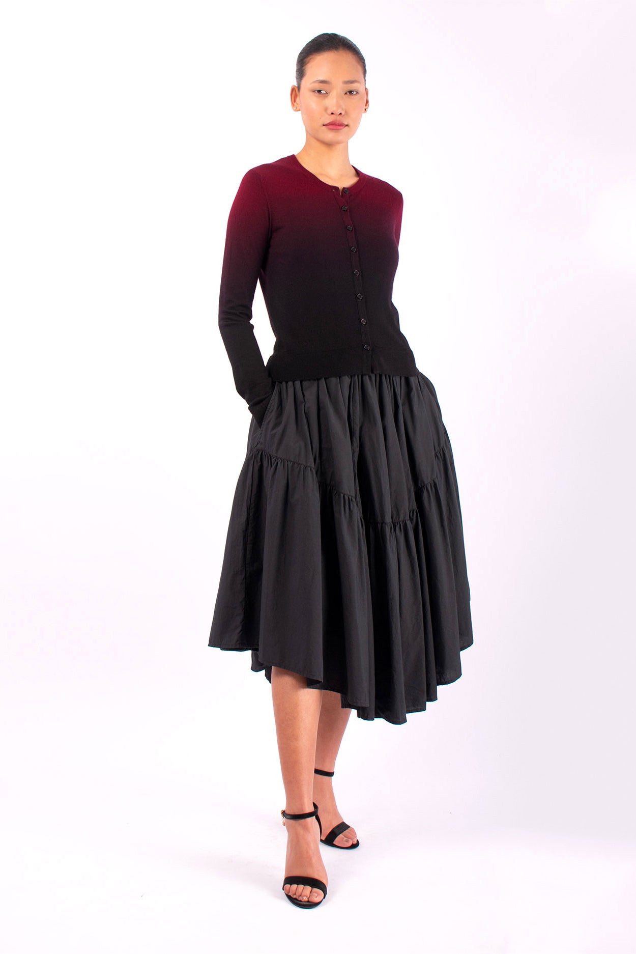 #1483 Fitted Cropped Cardigan in Superfine Marino- Maroon Ombre — Lars Andersson, view 5