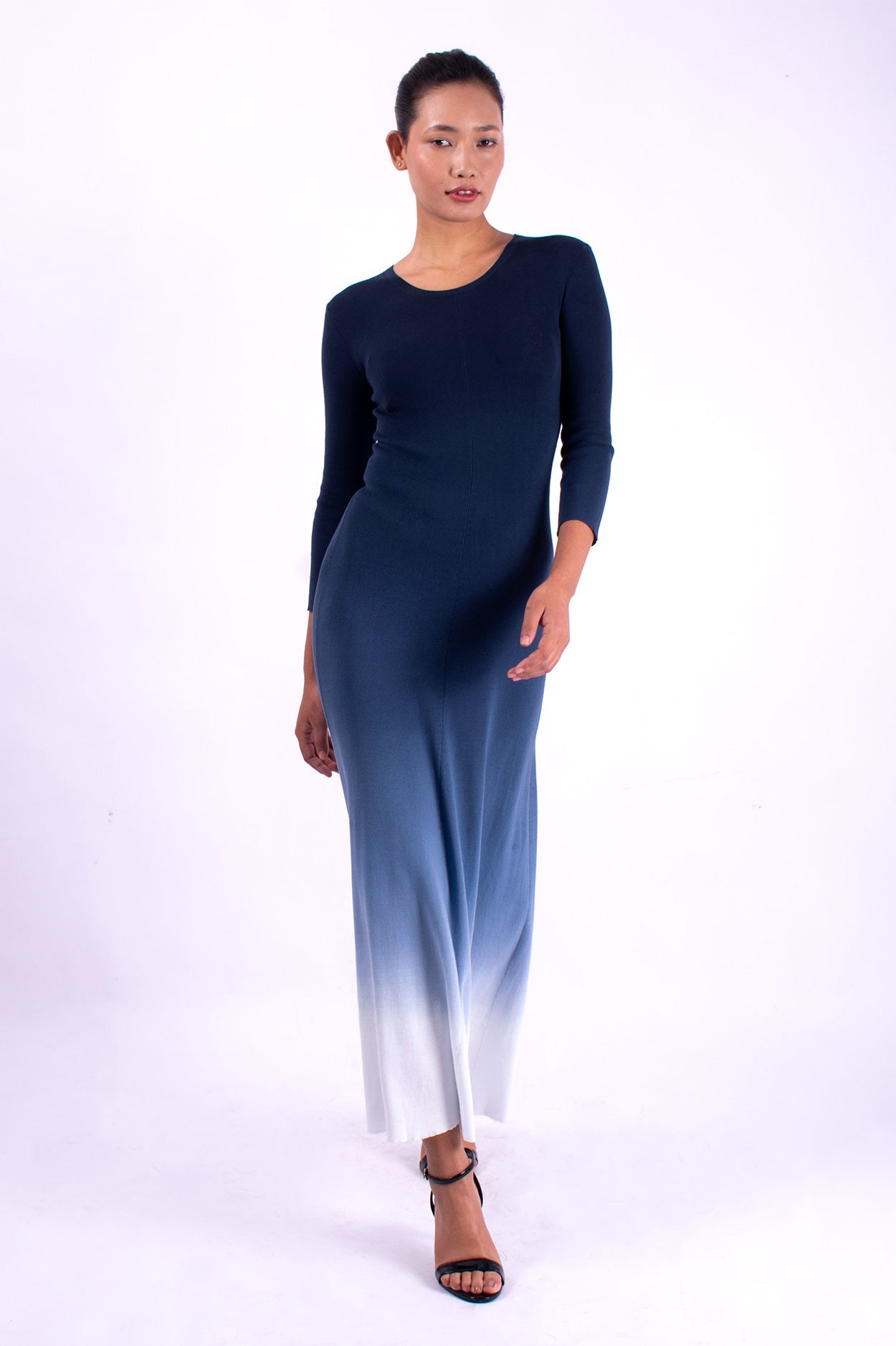 #1359 3/4 Sleeve Crewneck Dress 1x1 Rib In Organic Cotton- Blue Carlo Ombre — Lars Andersson, view 5