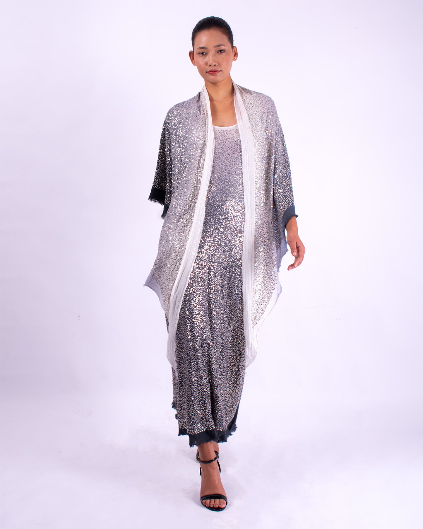 #1288 Scoop-neck tank dress in cotton mesh and metal sequins
