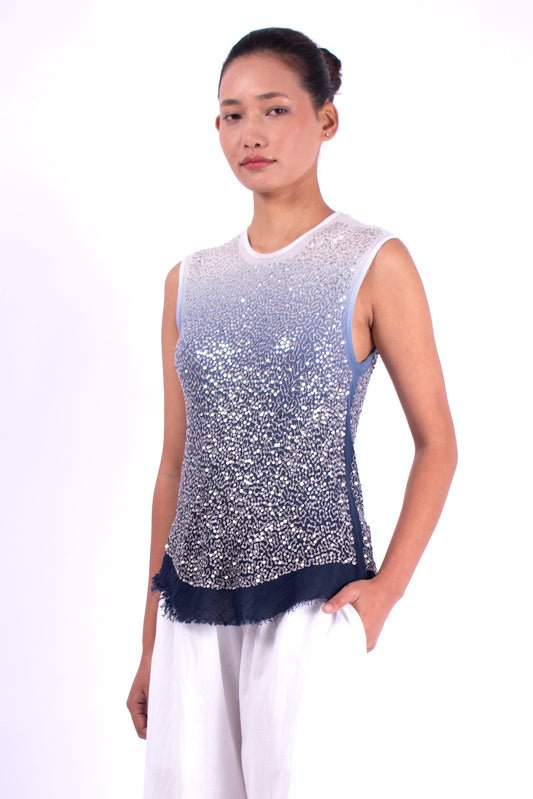 #1282 Sleeveless Top In Cotton Mesh And Metal Sequins- Blue Carlo Ombre — Lars Andersson, view 2