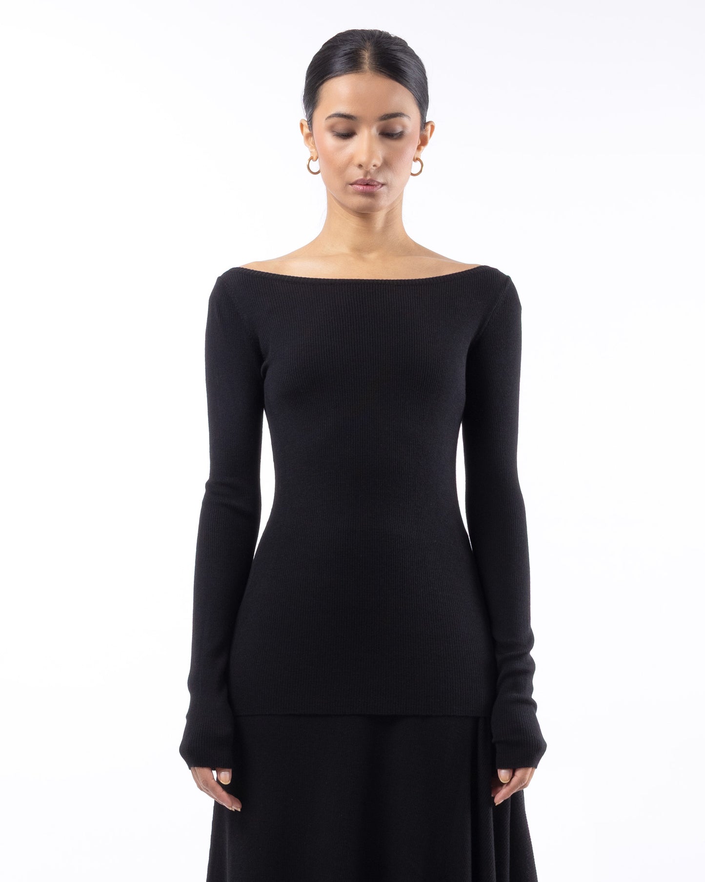 #1001 Long Sleeve Bateau Top Black 120's Superfine Merino — Lars Andersson hand-loomed knitwear