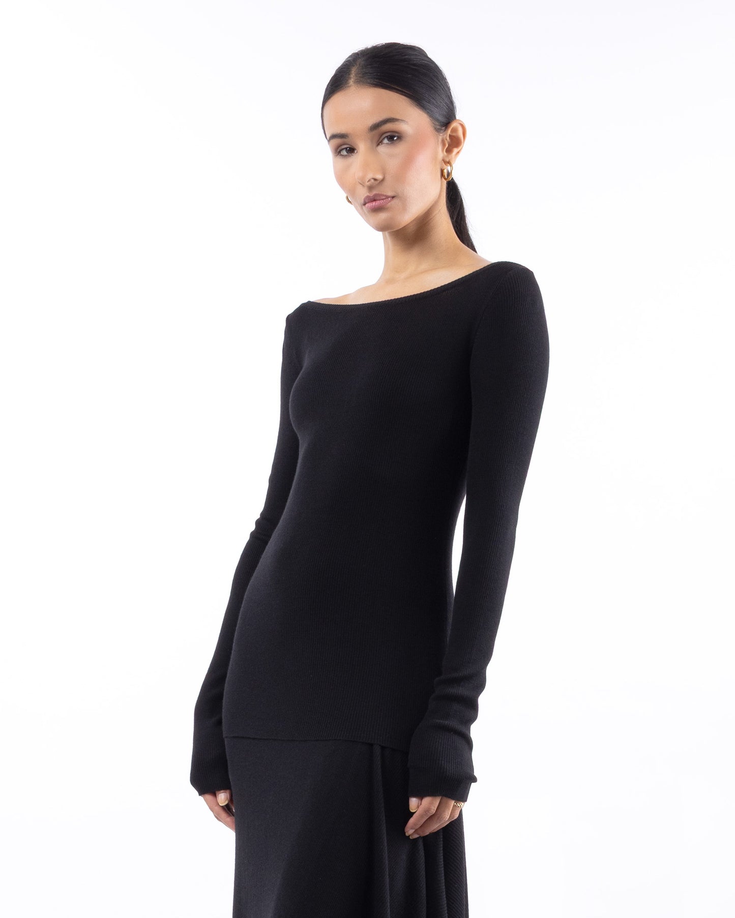 #1001 Long Sleeve Bateau Top Black 120's Superfine Merino — Lars Andersson, view 2