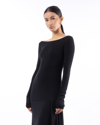 #1001 Long Sleeve Bateau Top Black 120's Superfine Merino — Lars Andersson, view 2