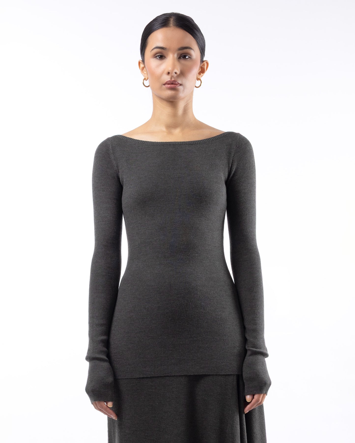 #1001 Long sleeve bateau top brown green 120's superfine merino