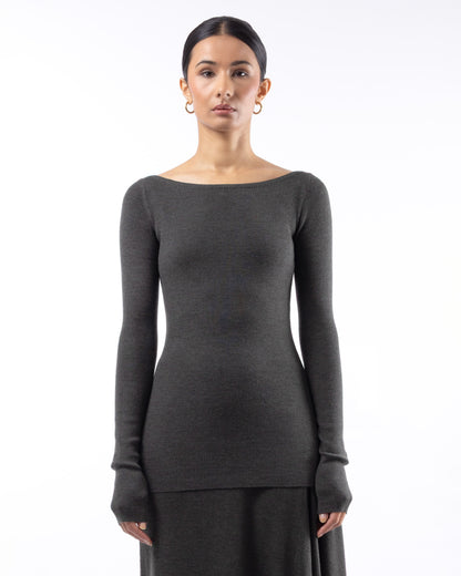 #1001 Long sleeve bateau top brown green 120's superfine merino
