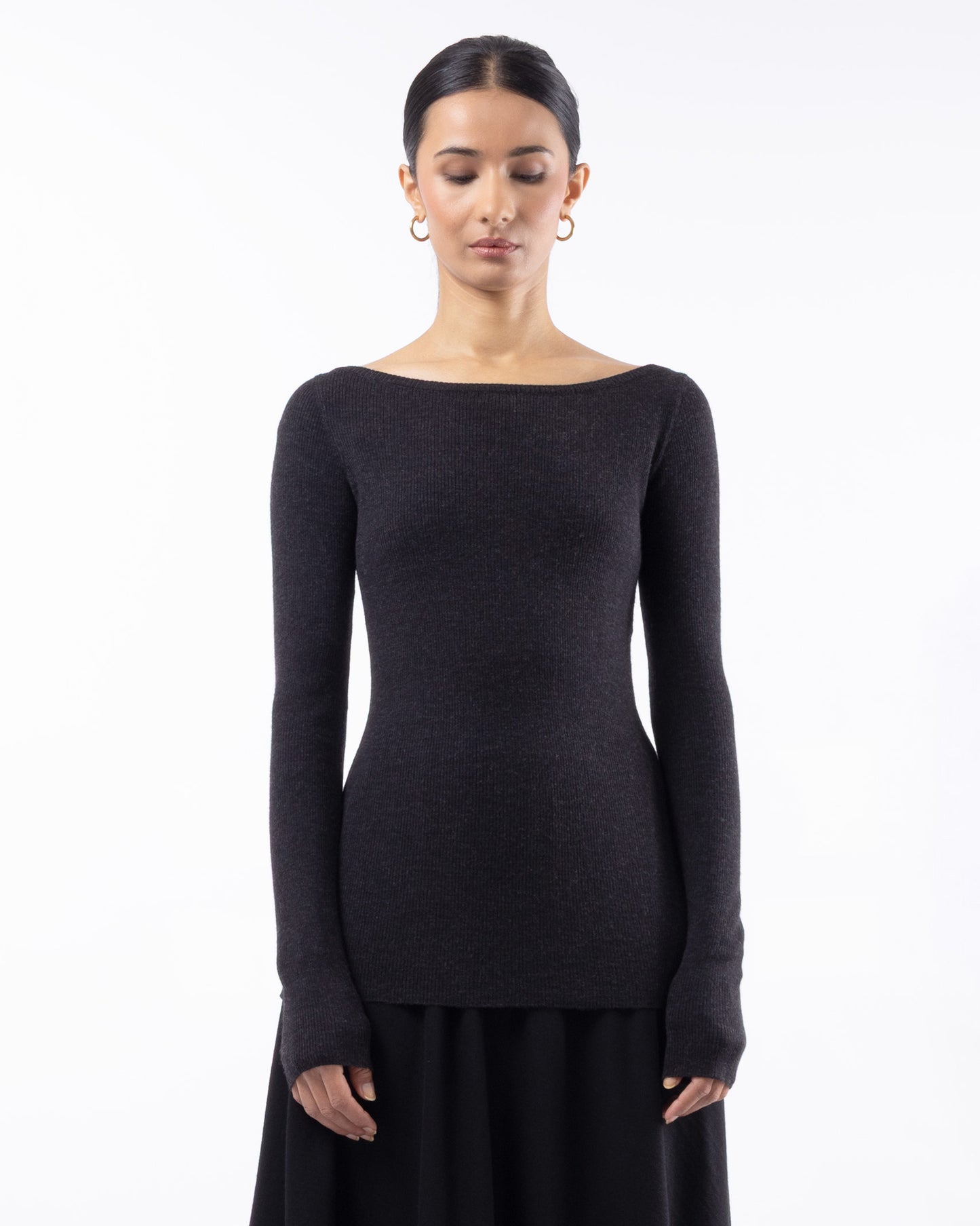 #1001 Long sleeve bateau neck top charcoal 120's superfine merino