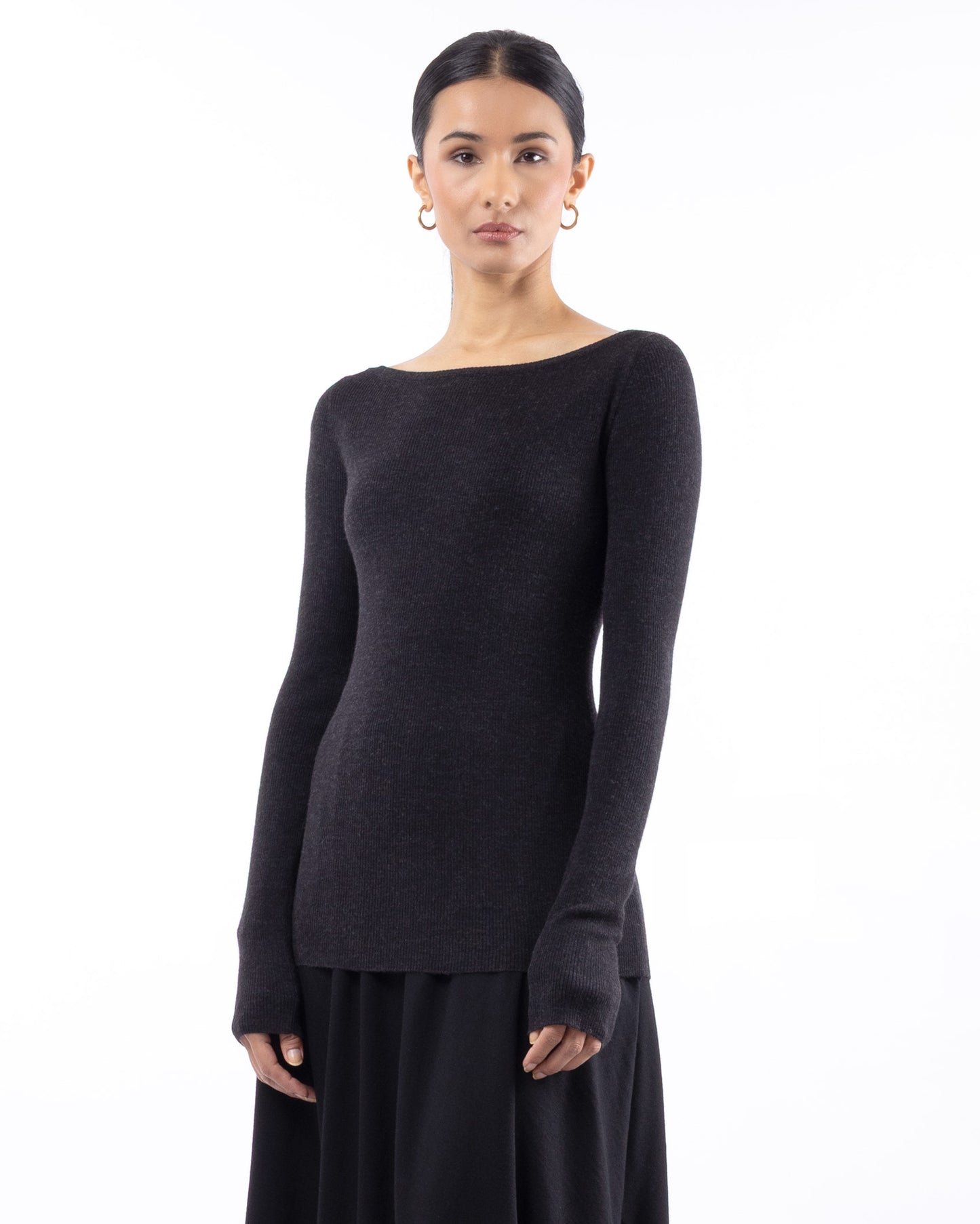 #1001 Long sleeve bateau neck top charcoal 120's superfine merino
