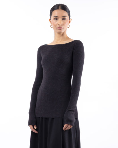 #1001 Long sleeve bateau neck top charcoal 120's superfine merino