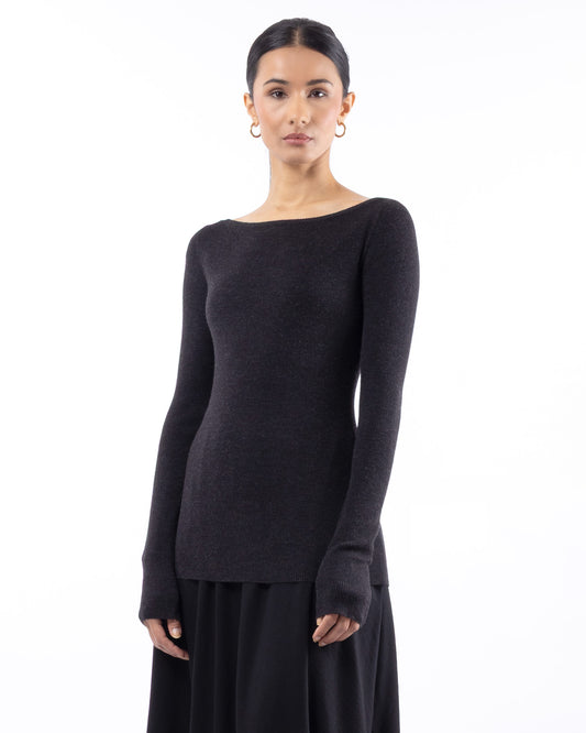 #1001 Long sleeve bateau neck top charcoal 120's superfine merino