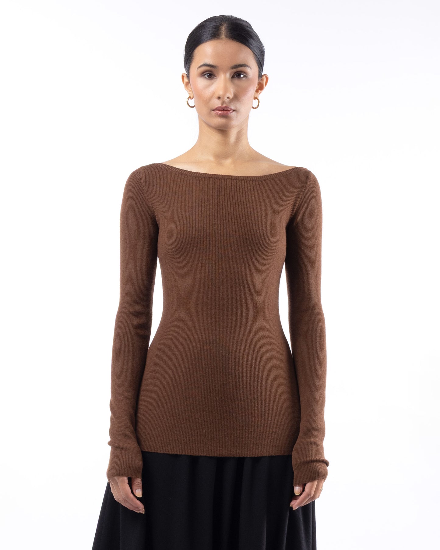 #1001 Long sleeve bateau top cognac 120's superfine merino