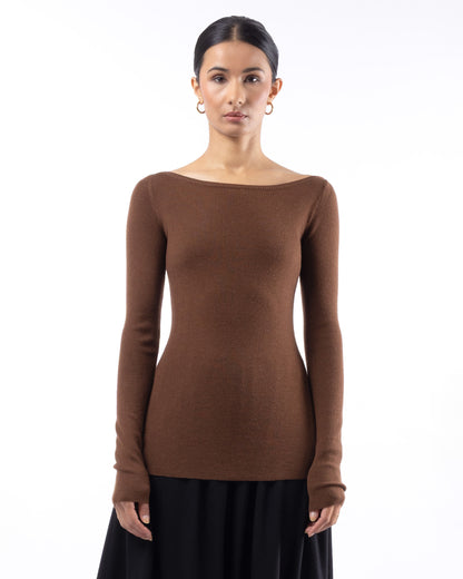 #1001 Long sleeve bateau top cognac 120's superfine merino