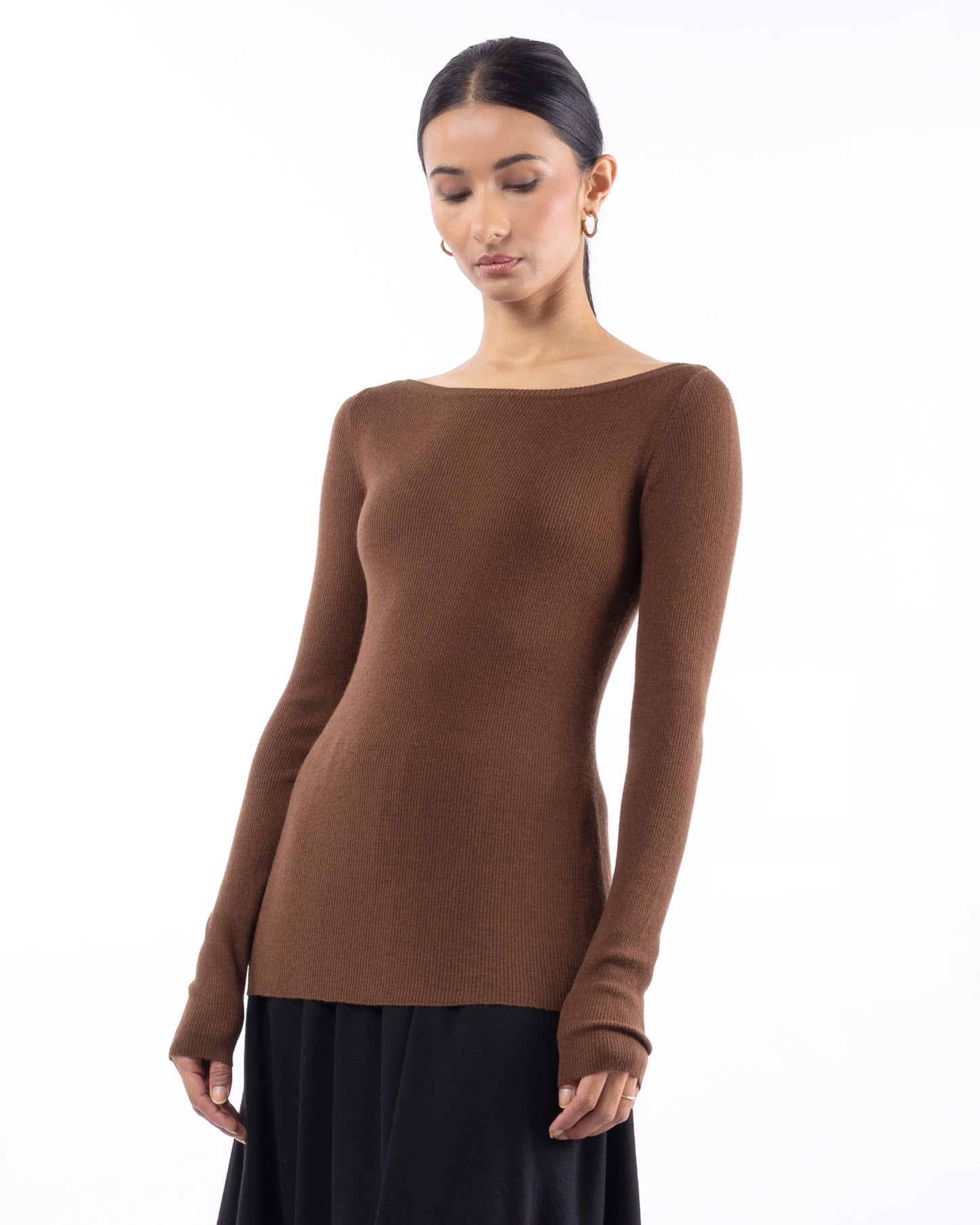#1001 Long sleeve bateau top cognac 120's superfine merino