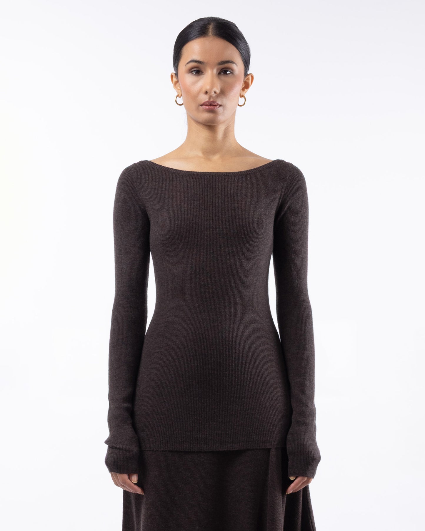 #1001 Long sleeve bateau top dark brown 120's superfine merino