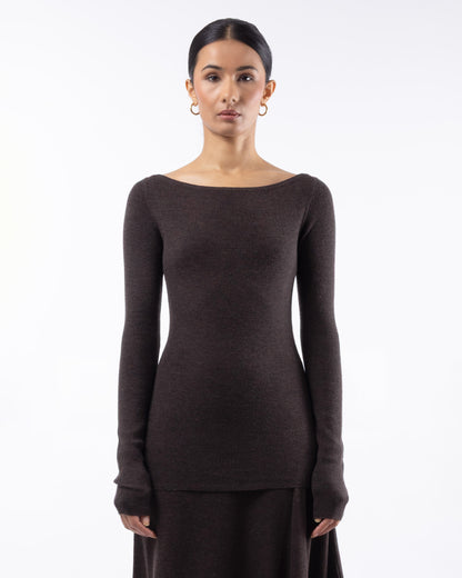 #1001 Long sleeve bateau top dark brown 120's superfine merino