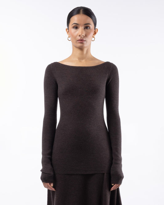 #1001 Long sleeve bateau top dark brown 120's superfine merino