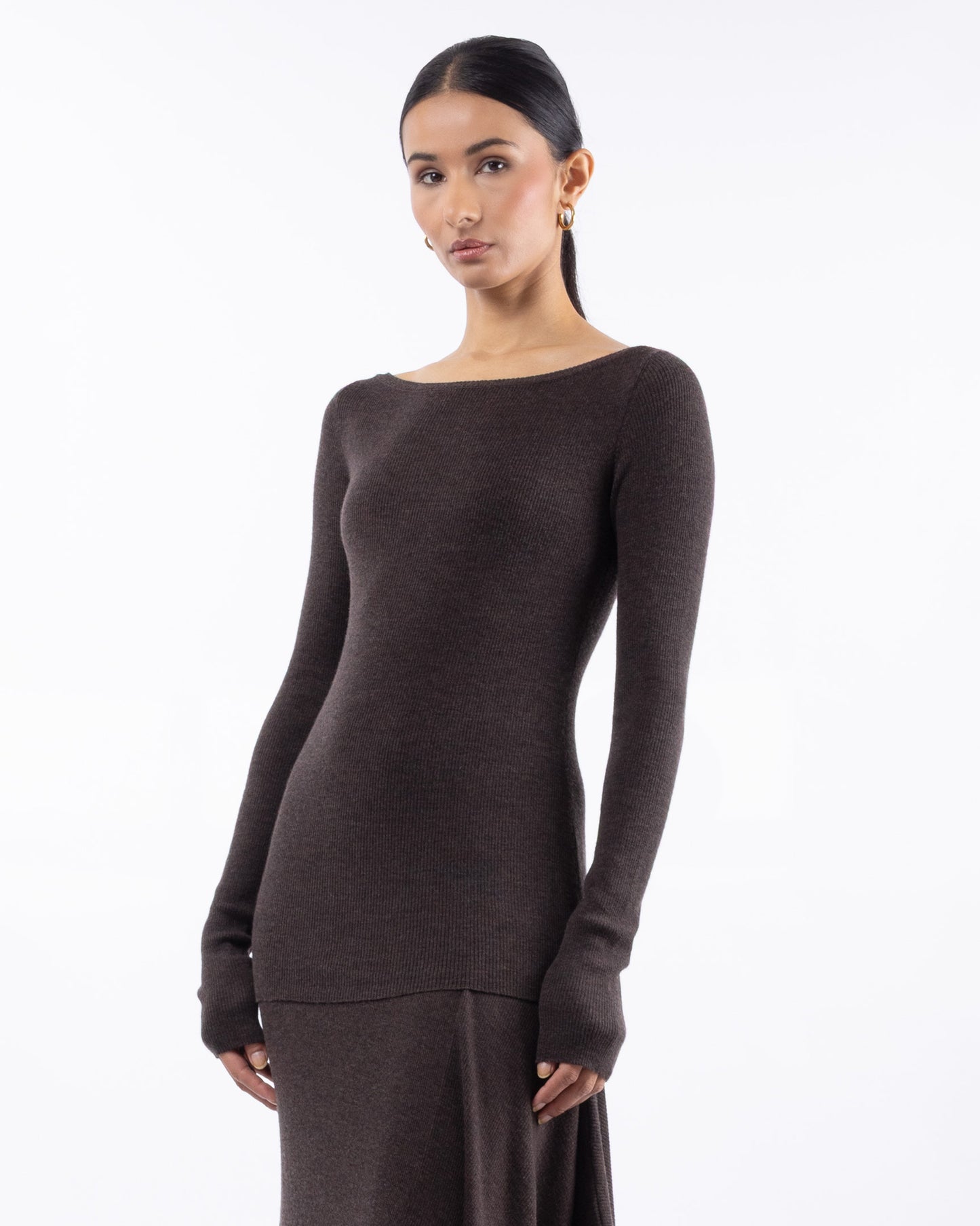 #1001 Long sleeve bateau top dark brown 120's superfine merino