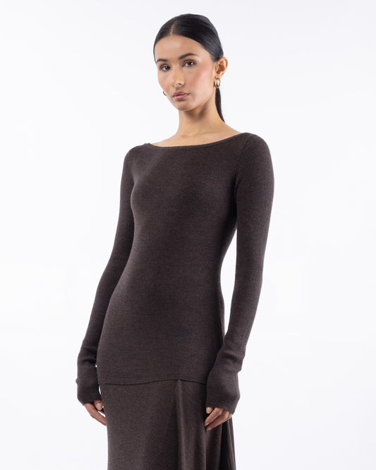 #1001 Long sleeve bateau top dark brown 120's superfine merino
