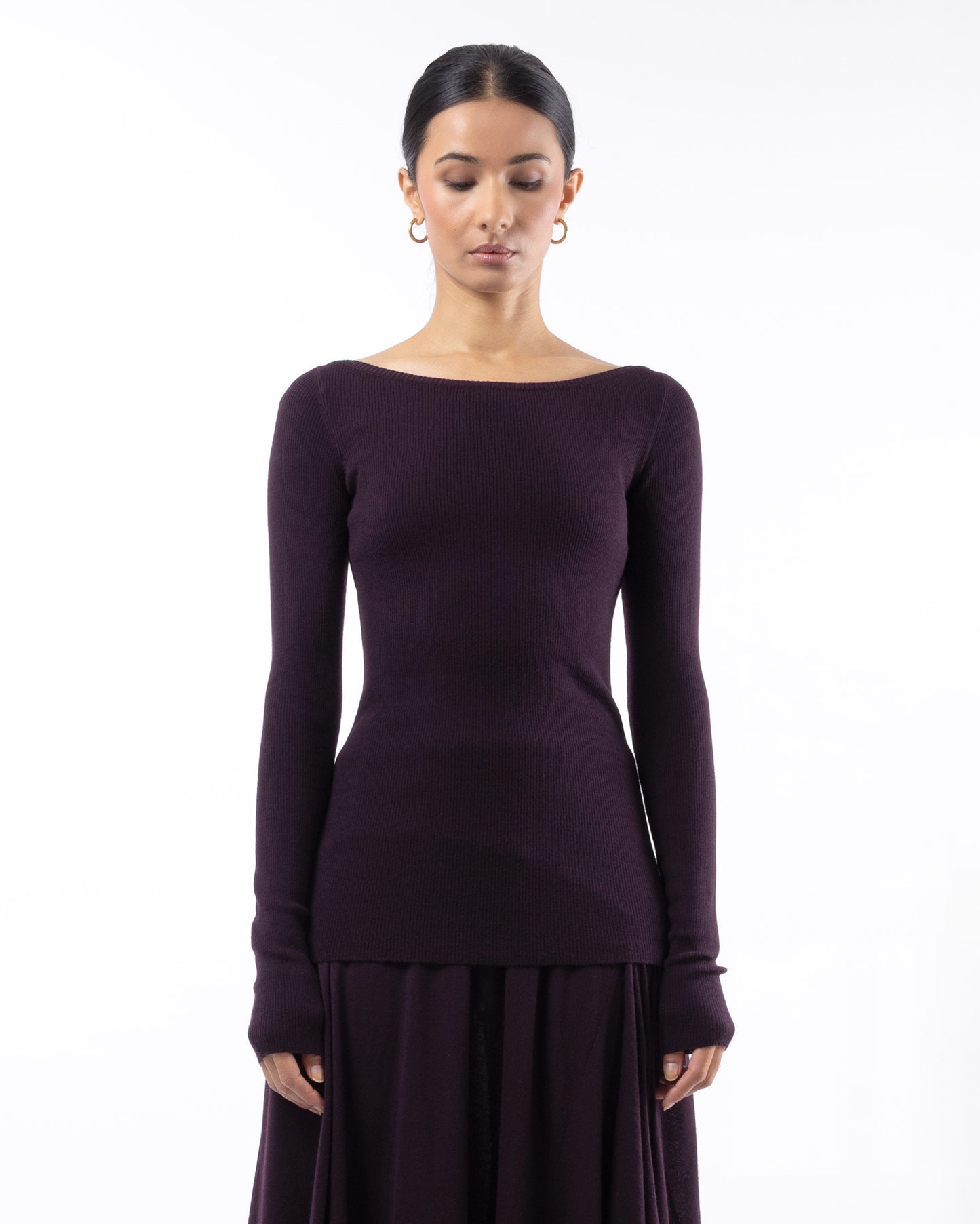 #1001 Long sleeve bateau top dark burgundy 120's superfine merino