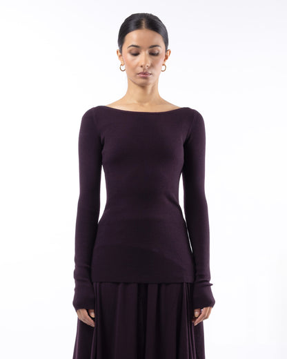 #1001 Long sleeve bateau top dark burgundy 120's superfine merino