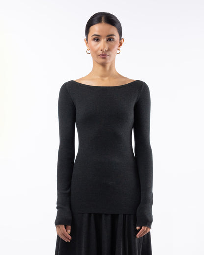 #1001 Long sleeve bateau top dark forest 120's superfine merino