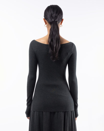 #1001 Long sleeve bateau top dark forest 120's superfine merino