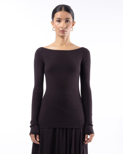 #1001 Long sleeve bateau top espresso 120's superfine merino