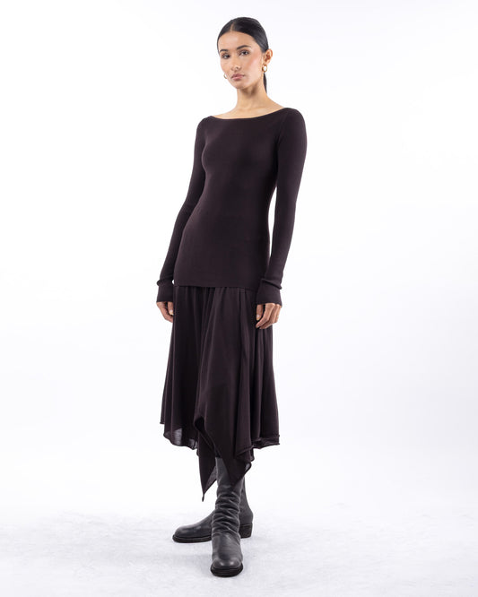 #1001 Long sleeve bateau top espresso 120's superfine merino
