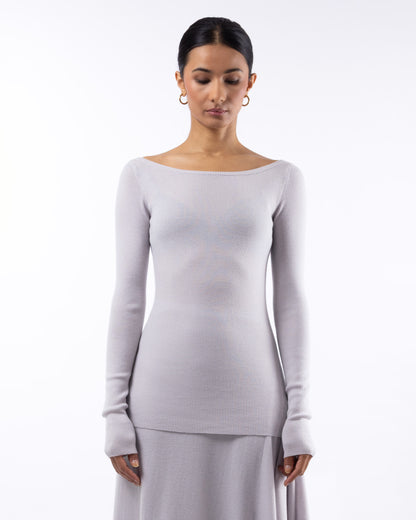 #1001 Long sleeve bateau top white mist 120's superfine merino