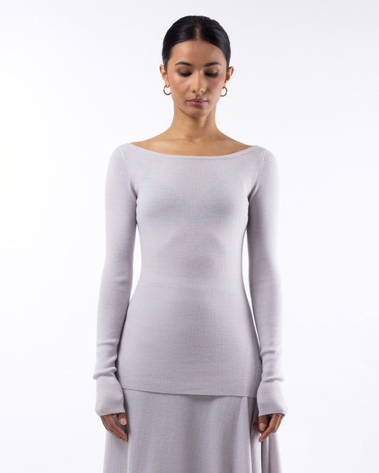 #1001 Long sleeve bateau top white mist 120's superfine merino
