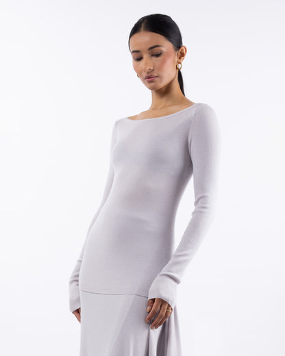 #1001 Long sleeve bateau top white mist 120's superfine merino