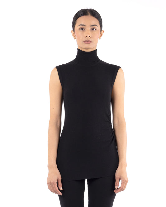 #1072 Sleeveless turtleneck with gathered side 120's superfine merino