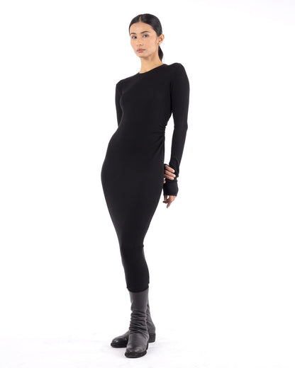 #1078 Long sleeve dress with gathered side 120's superfine merino