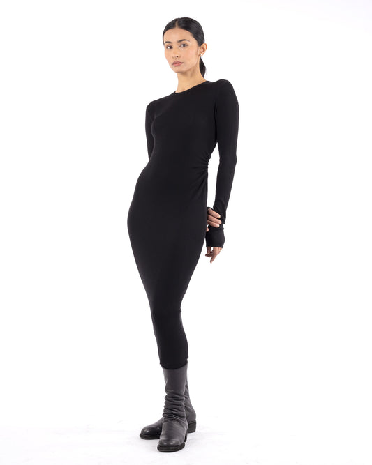 #1078 Long sleeve dress with gathered side 120's superfine merino