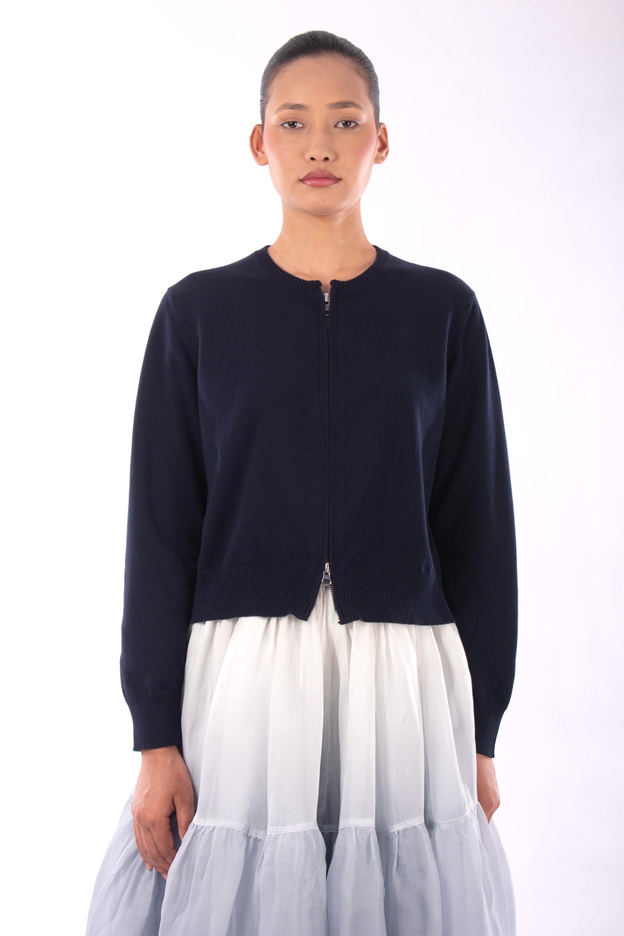 #1123 Cropped Zip Cardigan In Organic Cotton- Blue Carlo — Lars Andersson hand-loomed knitwear