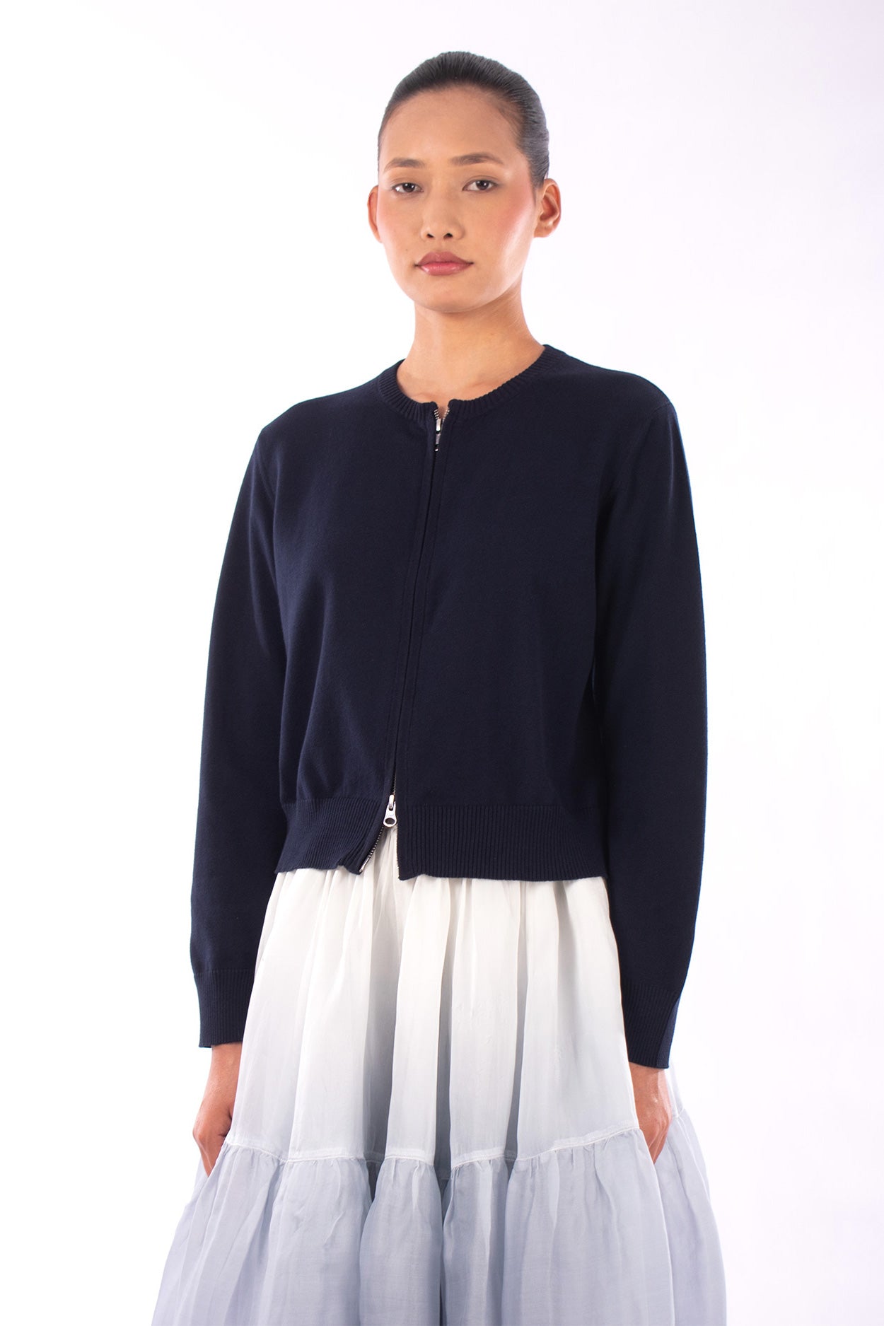 #1123 Cropped Zip Cardigan In Organic Cotton- Blue Carlo — Lars Andersson, view 2