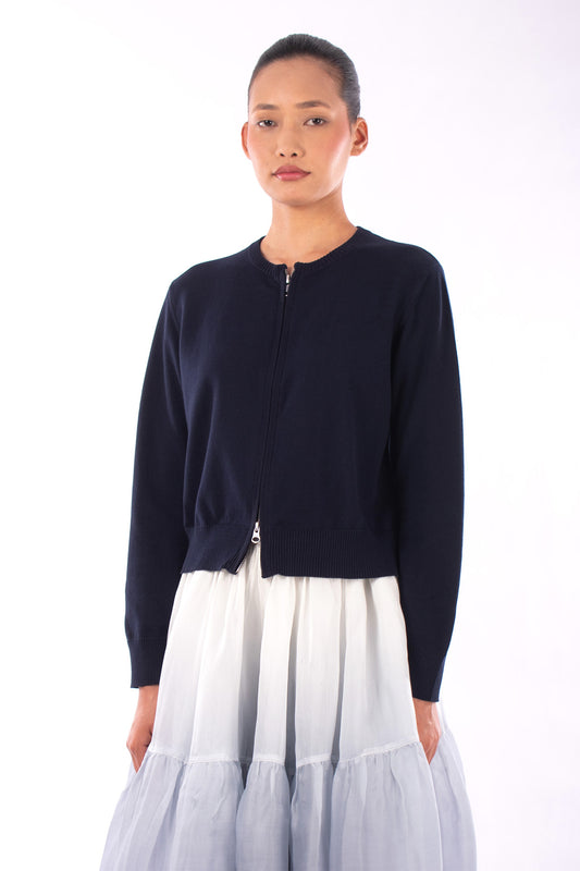 #1123 Cropped Zip Cardigan In Organic Cotton- Blue Carlo — Lars Andersson, view 2