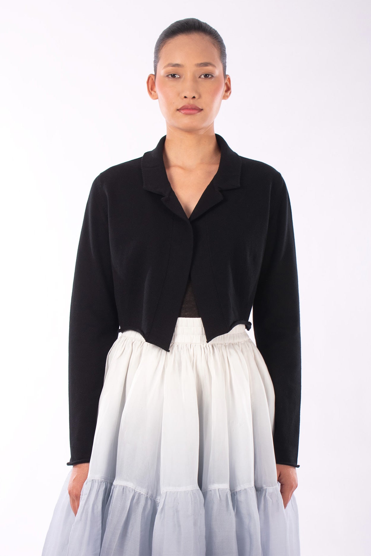 #1129 Cropped Notch Collar Jacket In Organic Cotton- Black — Lars Andersson hand-loomed knitwear
