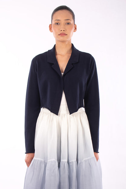 #1129 Cropped Notch Collar Jacket In Organic Cotton- Blue Carlo — Lars Andersson hand-loomed knitwear