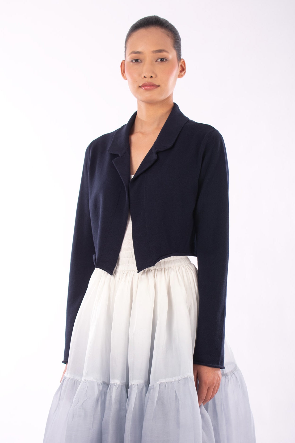 #1129 Cropped Notch Collar Jacket In Organic Cotton- Blue Carlo — Lars Andersson, view 2
