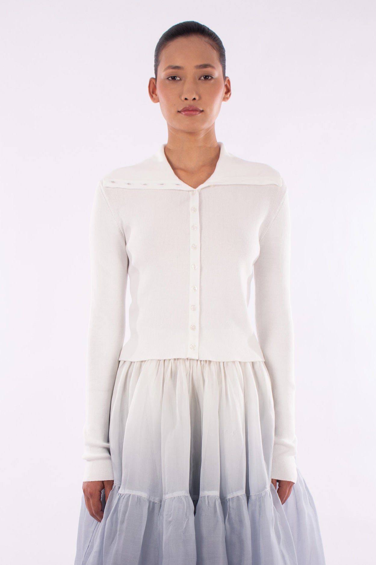 #1147 Fitted Cropped Cardigan 2x1 Rib In Organic Cotton-White — Lars Andersson hand-loomed knitwear