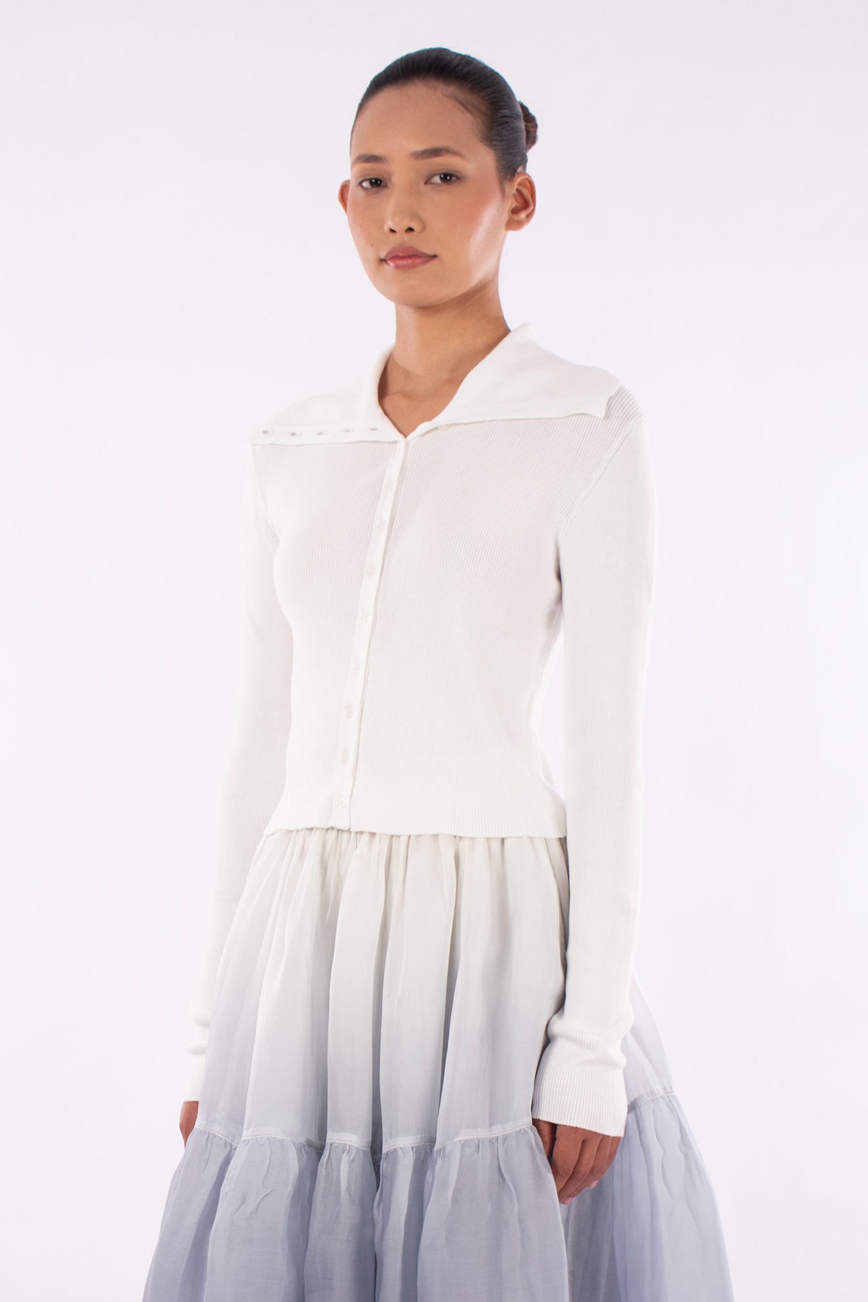 #1147 Fitted Cropped Cardigan 2x1 Rib In Organic Cotton-White — Lars Andersson, view 2
