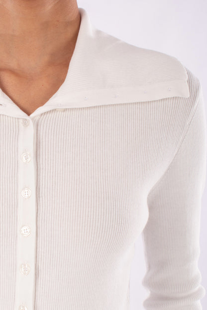 #1147 Fitted Cropped Cardigan 2x1 Rib In Organic Cotton-White — Lars Andersson, view 4